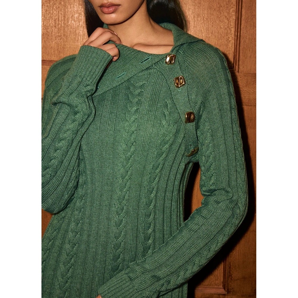 Briggs Womens XL Emerald Green Metallic‎ Cable Knit Cowl Neck Button Sweater